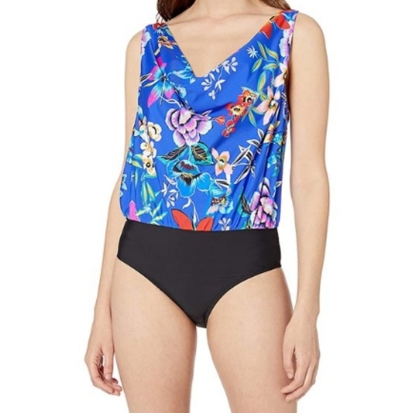 NWT ATHENA~ Plus Size~Mexicano Flower Print Cowl neck Blouson 1 pc Swimsuit~14 - Picture 8 of 9